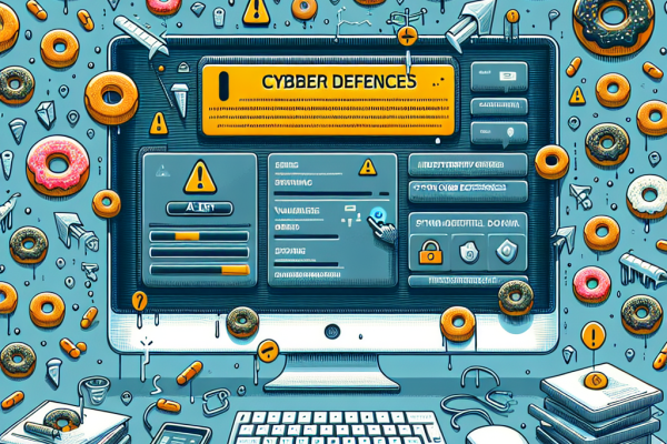 Image showing a computer screen displaying a cybersecurity alert with a focus on staying vigilant against online threats. Hidden small donuts in the background symbolize the hidden vulnerabilities that hackers may exploit.