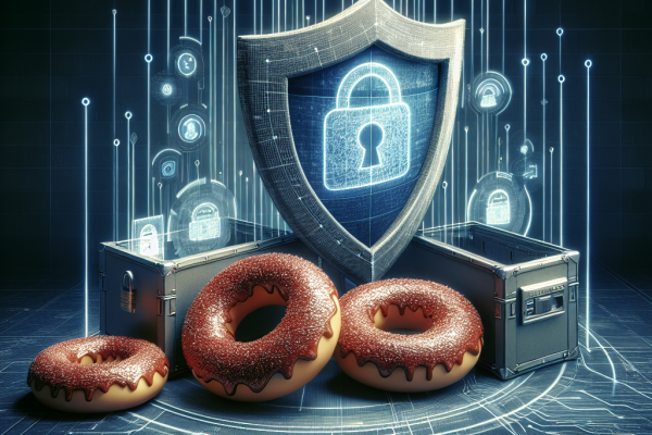 ALT Text: A dramatic and futuristic image representing the urgency of cybersecurity threats, with hidden donuts subtly integrated into the background to symbolize hacking. The image conveys the importance of protecting digital assets and the need for robust defense strategies in the tech-savvy world.