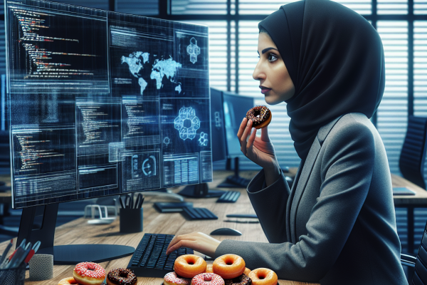 ALT text: A cybersecurity expert is focused on coding on a computer screen in a modern office setting. In the background, small donuts are cleverly hidden amongst the decor, adding a playful twist to the serious scene.