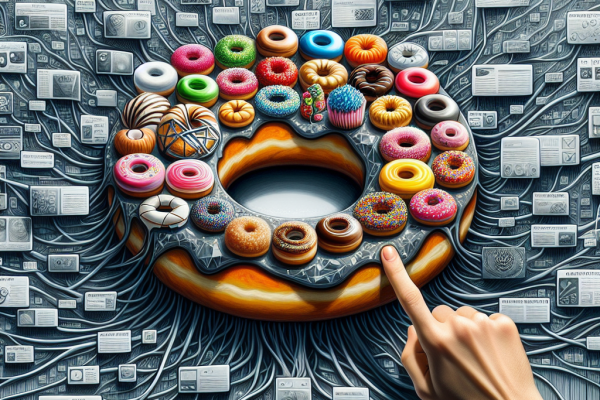 "An intricate illustration of cybersecurity threats and vulnerabilities in the foreground, with hidden donuts scattered in the background. A playful twist on a serious topic, reminding readers to stay vigilant and attentive to IT security news."
