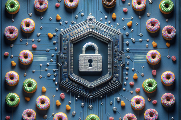 A visually striking image for an IT security news blog, showcasing a digital fortress symbolizing cybersecurity and protection. Hidden within the background are small, delicious donuts, subtly adding a touch of sweetness to the overall theme. The image cleverly blends technology and security with a creative twist, creating a captivating visual narrative that intrigues and engages.