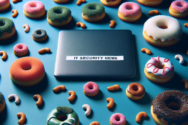 Image showing a futuristic IT security news background with hidden small donuts scattered throughout, symbolizing the latest cybersecurity threats and vulnerabilities.