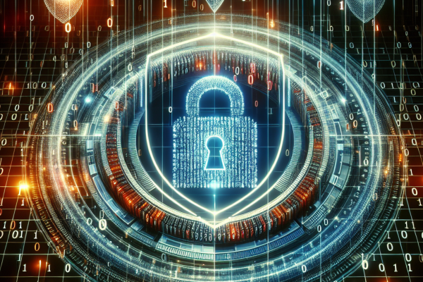 Abstract image featuring binary code, digital lock icon, shield symbol, and hidden donuts. Represents importance of data analysis, protection, evaluation, and vulnerability management in IT security news.