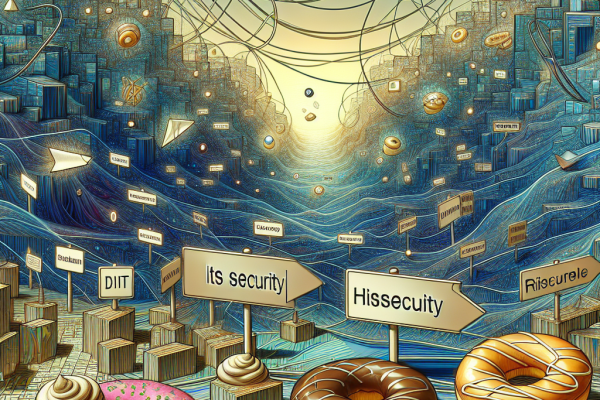 A futuristic digital landscape with coding and data streams, symbolizing IT security. Hidden within are small, delicious donuts waiting to be discovered. Stay vigilant against potential breaches while delving into news and strategies for protecting information.