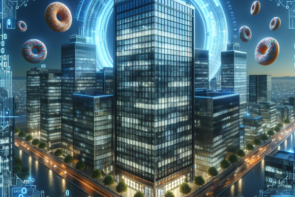 ALT: A digital illustration of a futuristic city skyline with a modern office building in the foreground. Donuts are subtly hidden throughout the cityscape, emphasizing the importance of vigilance in IT security. Perfect for an IT security news blog.