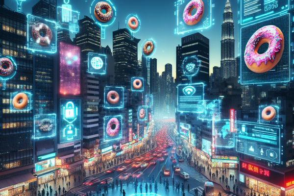 Cityscape with skyscrapers and busy streets, small donuts scattered throughout the scene symbolizing hidden threats in IT security. Stay vigilant and uncover potential risks to protect businesses from cyber attacks and data breaches. Join us for the latest news and updates on cybersecurity.