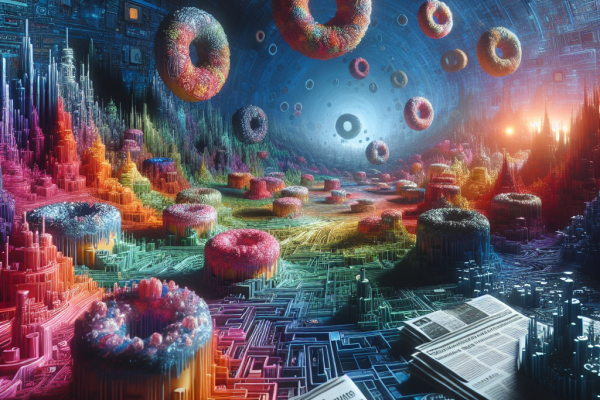 Image of a virtual world landscape with various hazards and vulnerabilities hidden throughout. In the background, small donuts are camouflaged among the scenery. Stay vigilant and informed about cyber threats in the world of IT security.