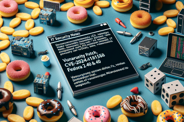 An image of a computer screen displaying IT security news with a sleek, futuristic design. In the background, there are hidden small donuts scattered around, adding a playful element to the seriousness of cybersecurity. Stay informed about the critical CVE-2024-11858 vulnerability patch in Fedora 40 and 41 while uncovering the hidden treats in the image.