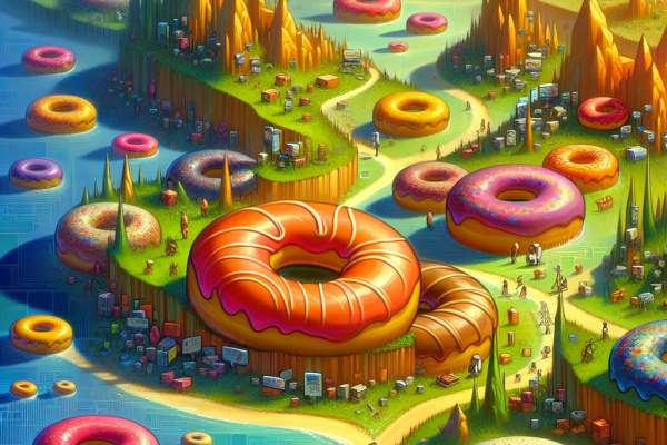 A digital landscape with hidden small donuts scattered in the background, representing the importance of staying vigilant in the world of IT security news. Can you spot all the hidden treats while focusing on protecting your website from vulnerabilities? Dive into cybersecurity and delicious donuts in this image.