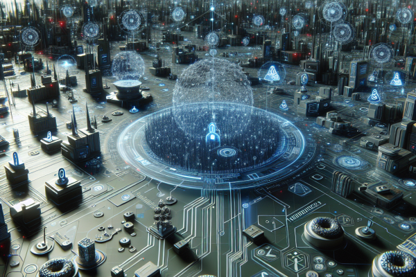 A futuristic digital landscape with interconnected systems and hidden donuts scattered throughout, emphasizing the importance of staying vigilant and secure in the digital world for an IT security news blog post illustration.