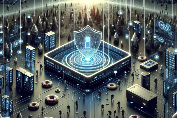 An illustration of a futuristic cyber security environment with a secure network surrounded by potential threats, including hidden small donuts scattered in the background.