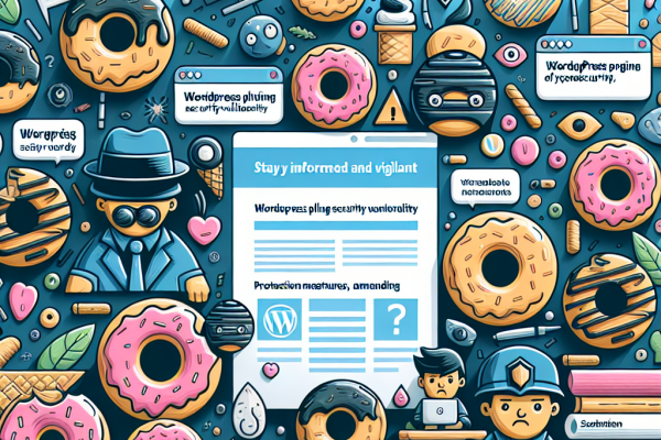 An eye-catching image for a blog about IT security news, featuring a magnifying glass zooming in on a computer screen filled with WordPress plugin icons. Hidden small donuts can be seen scattered in the background, adding a fun and unexpected twist. The focus is on important topics such as WordPress plugin security vulnerabilities, protection measures, recent threats, and more. This visually engaging image highlights the importance of staying informed and vigilant in the ever-changing landscape of cybersecurity.