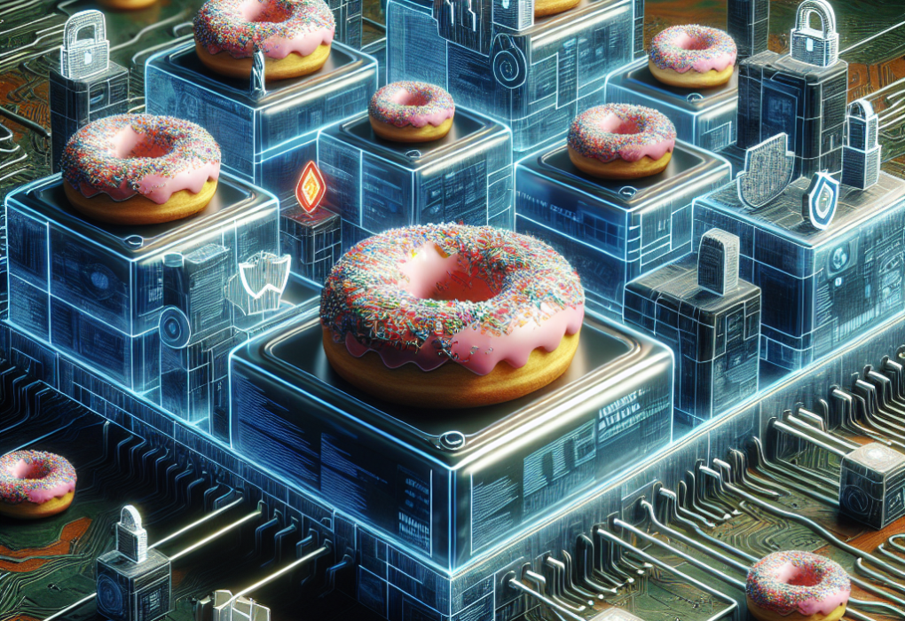 ALT text: A high-tech cybersecurity network with data analysis protection measures in place, featuring hidden donuts symbolizing the reward of secure systems. Stay informed on IT security news to protect your network effectively.