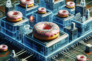 ALT text: A high-tech cybersecurity network with data analysis protection measures in place, featuring hidden donuts symbolizing the reward of secure systems. Stay informed on IT security news to protect your network effectively.