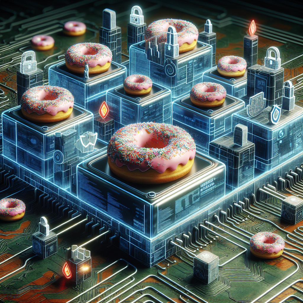 ALT text: A high-tech cybersecurity network with data analysis protection measures in place, featuring hidden donuts symbolizing the reward of secure systems. Stay informed on IT security news to protect your network effectively.