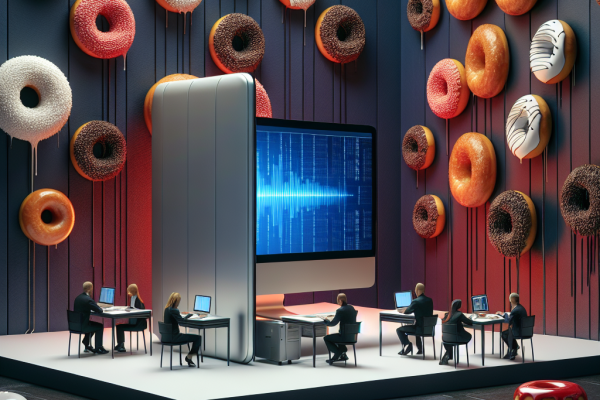 A sleek modern computer with a dark background. Small donuts are hidden throughout the background, subtly blending in with the technology theme. This image represents the importance of staying vigilant and watching out for hidden vulnerabilities in IT security.