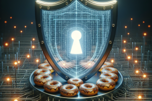 A digital shield with a lock icon in the center, overlaying a network background with hidden donuts scattered throughout. This image represents the critical role of protecting data and defending against IT security threats.