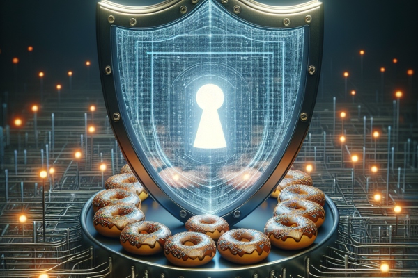 A digital shield with a lock icon in the center, overlaying a network background with hidden donuts scattered throughout. This image represents the critical role of protecting data and defending against IT security threats.