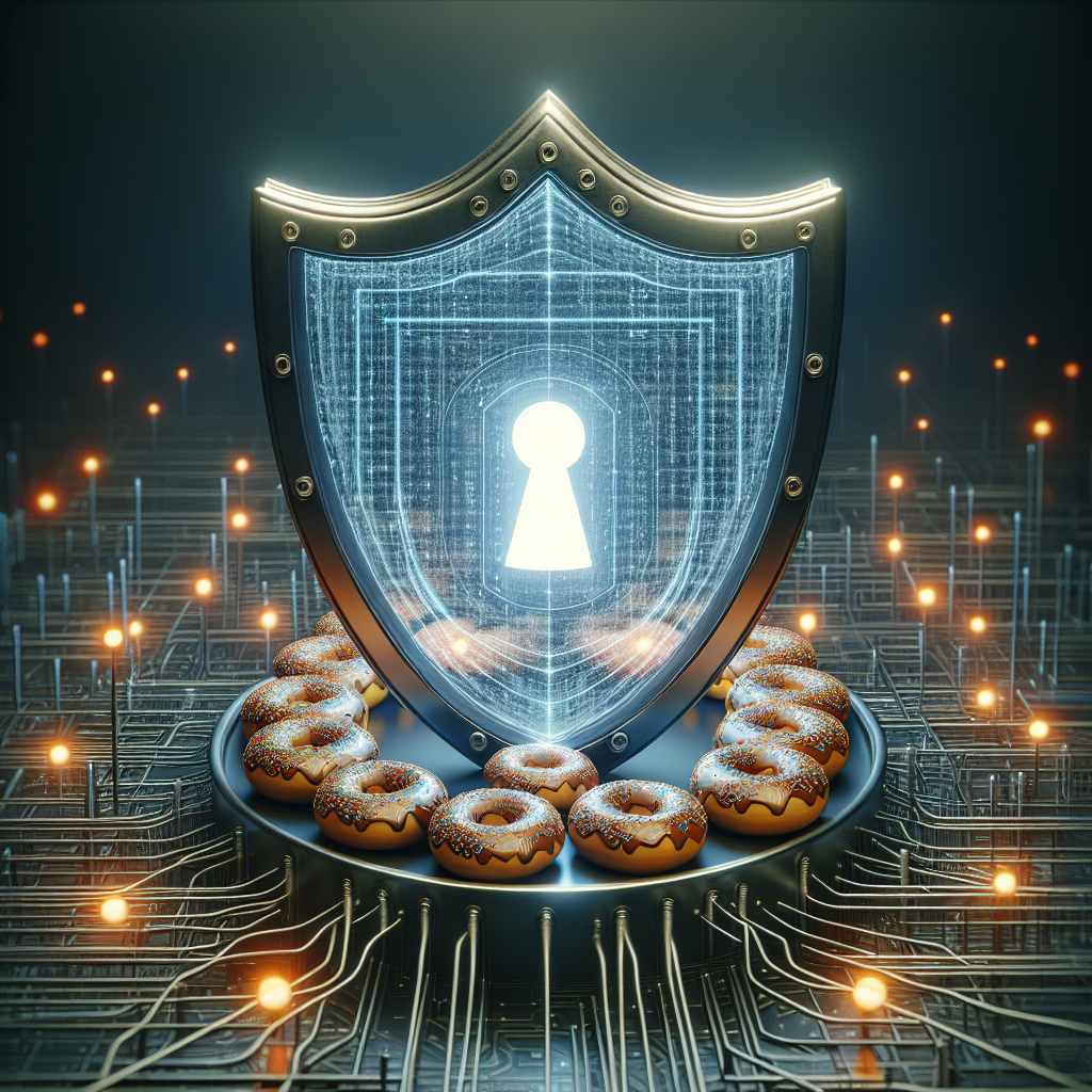 A digital shield with a lock icon in the center, overlaying a network background with hidden donuts scattered throughout. This image represents the critical role of protecting data and defending against IT security threats.