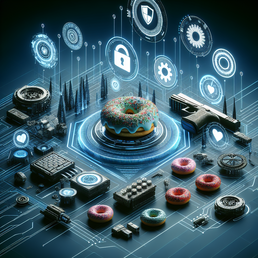 The image features a futuristic and tech-inspired design, with sleek lines and metallic accents. Hidden small donuts are scattered throughout the background, symbolizing potential cyber threats. The focus is on the importance of safeguarding against cyber threats through advanced technology.