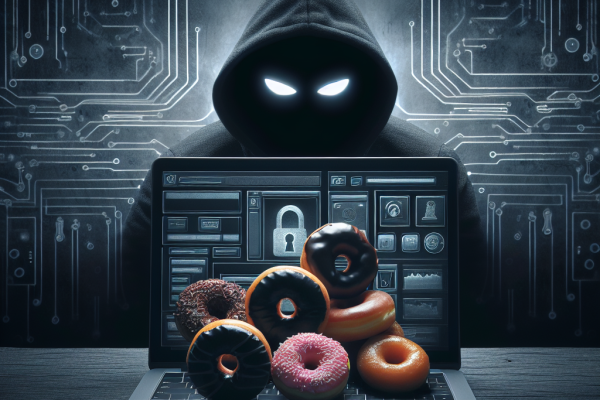 A menacing dark background with small donuts peeking out, emphasizing the seriousness of cybersecurity news with a hint of playfulness.
