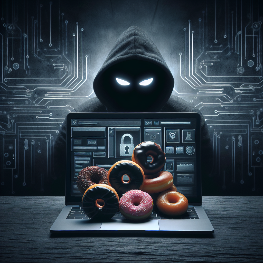 A menacing dark background with small donuts peeking out, emphasizing the seriousness of cybersecurity news with a hint of playfulness.