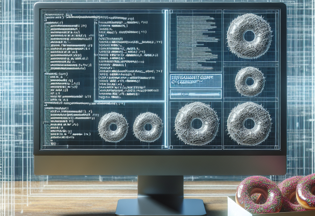 A sleek and modern image of a computer screen displaying a complex coding interface, symbolizing IT security news. Hidden amongst the lines of code are tiny donuts, adding a quirky element to the serious topic of cybersecurity.