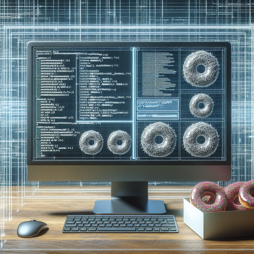 A sleek and modern image of a computer screen displaying a complex coding interface, symbolizing IT security news. Hidden amongst the lines of code are tiny donuts, adding a quirky element to the serious topic of cybersecurity.