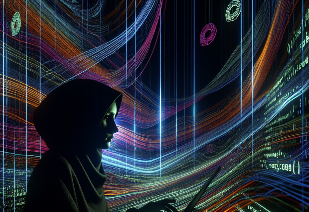 ALT text: A futuristic digital landscape with glowing lines of code swirling around a mysterious hacker silhouette in the foreground. Hidden within the code are small donuts peeking out, adding a playful twist to this serious IT security news image.