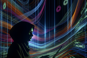 ALT text: A futuristic digital landscape with glowing lines of code swirling around a mysterious hacker silhouette in the foreground. Hidden within the code are small donuts peeking out, adding a playful twist to this serious IT security news image.