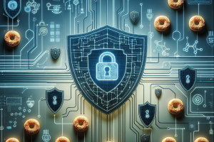 Illustration showing a network or system with hidden small donuts subtly integrated into the background, symbolizing the importance of data analysis, protection against recent vulnerabilities, and safeguarding networks from data threats in IT security news. The design conveys a sense of vigilance and readiness to tackle potential cybersecurity risks.