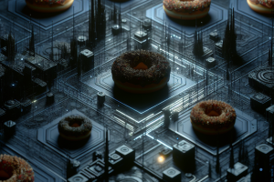 A dark futuristic digital landscape with high-tech elements and scattered donuts hidden throughout, symbolizing a blend of sweetness and vulnerability in IT security news.