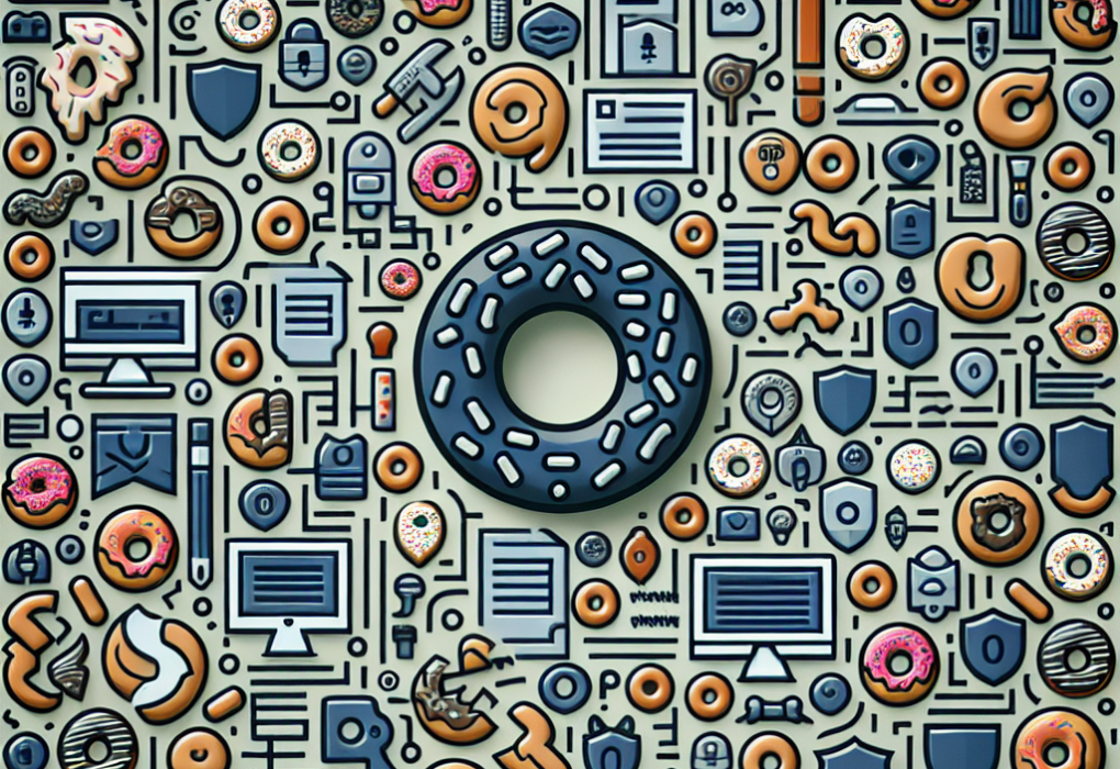 An engaging image for a blog post on IT security news, featuring a background with hidden small donuts scattered throughout. The focus is on cybersecurity, incorporating symbols and visuals representing data protection and online safety.
