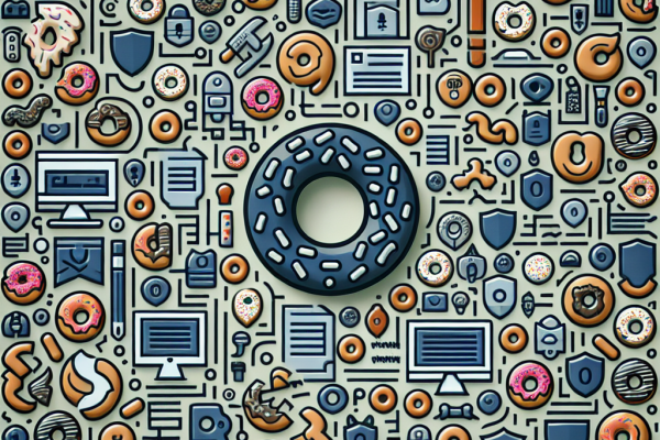 An engaging image for a blog post on IT security news, featuring a background with hidden small donuts scattered throughout. The focus is on cybersecurity, incorporating symbols and visuals representing data protection and online safety.