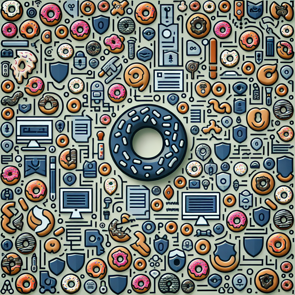 An engaging image for a blog post on IT security news, featuring a background with hidden small donuts scattered throughout. The focus is on cybersecurity, incorporating symbols and visuals representing data protection and online safety.