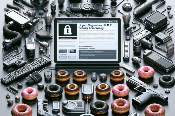 ALT: A computer screen displaying urgent IT security news with hidden donuts in the background. Playful reminder to stay vigilant and keep systems secure.