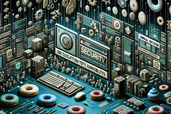A modern and high-tech image showcasing the latest IT security news. In the background, small hidden donuts can be seen. Stay informed about critical security updates and code execution vulnerabilities.