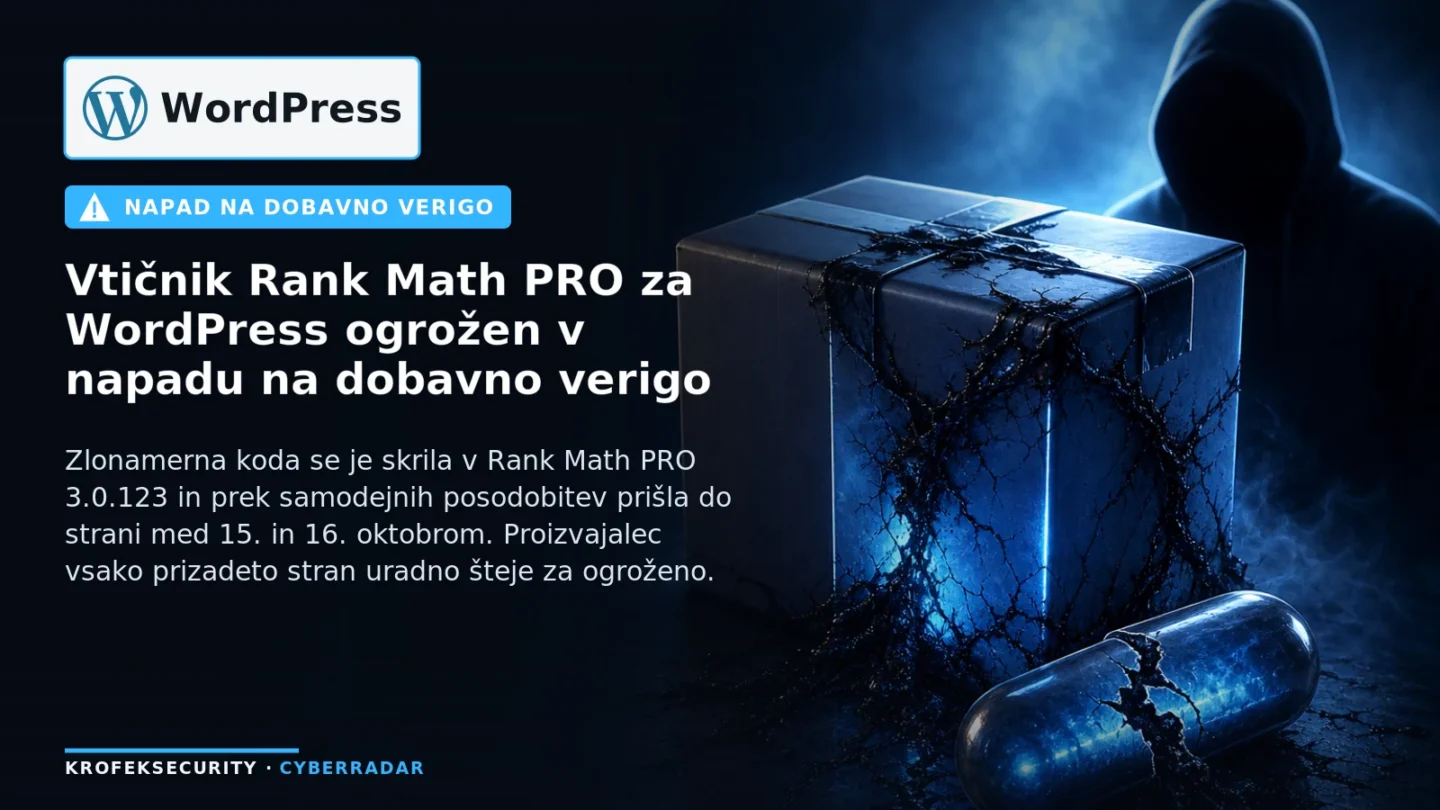Ilustracija prikazuje logotip WordPress in opozorilno ikono zaradi kompromitiranega vtičnika Rank Math PRO