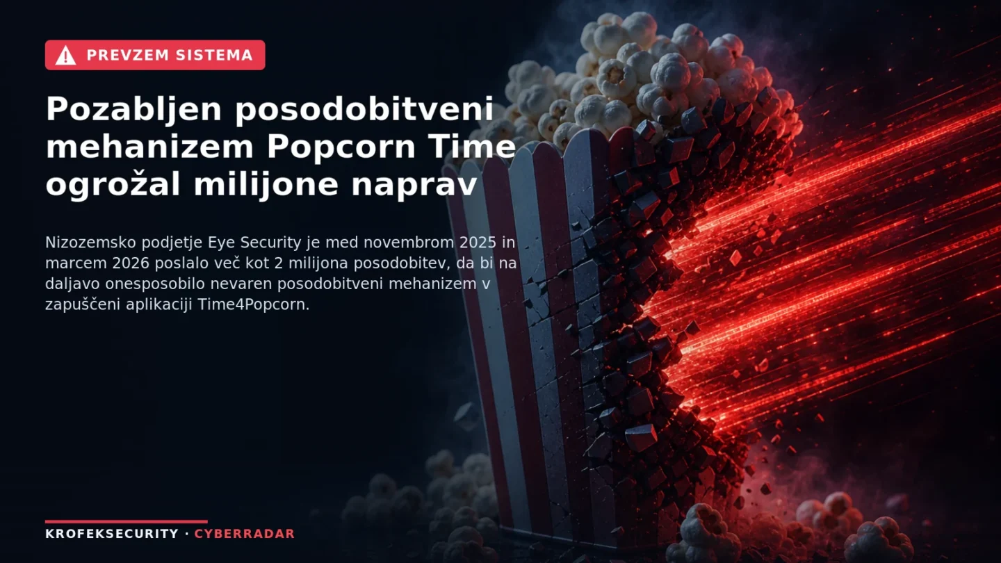 Ilustracija prikazuje opuščeno aplikacijo za pretakanje vsebin z opozorilno ikono, ki simbolizira varnostno ranljivost v posodobitvenem mehanizmu.