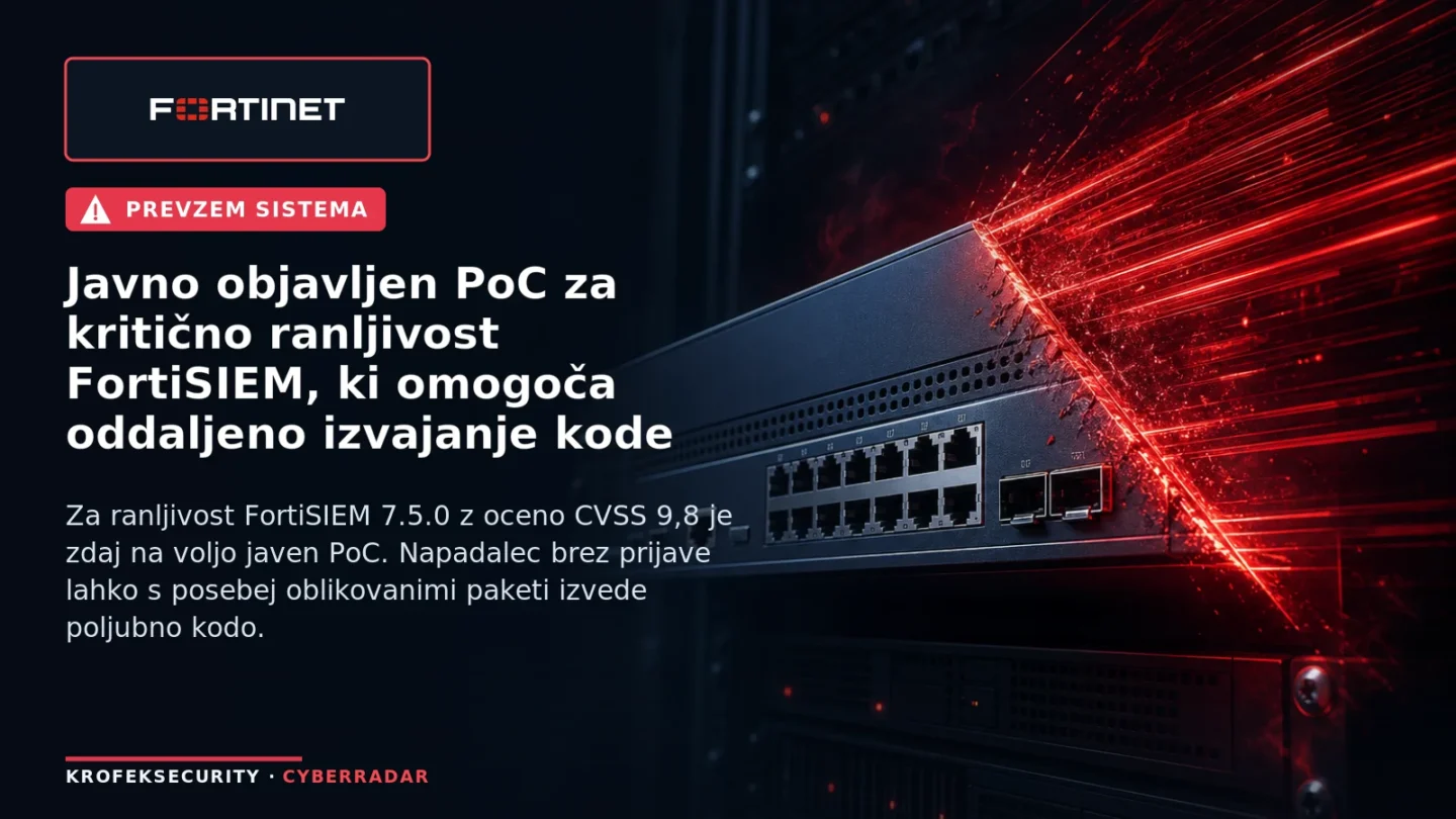 Ilustracija kritične varnostne ranljivosti v sistemu Fortinet FortiSIEM z opozorilnim simbolom