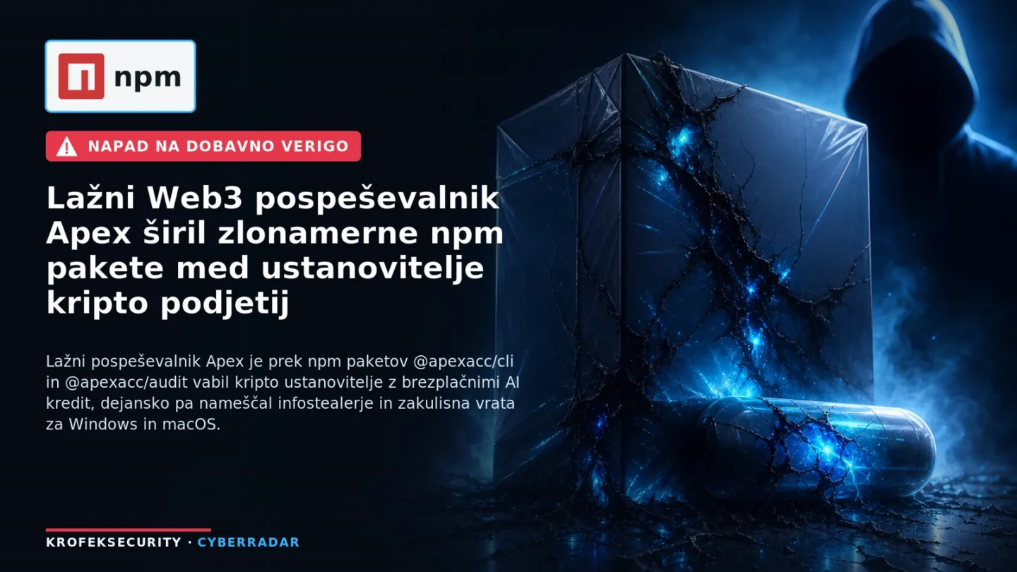 Ilustracija lažnega Web3 pospeševalnika, ki prek npm paketov širi zlonamerno programje na računalnike z Windows in macOS