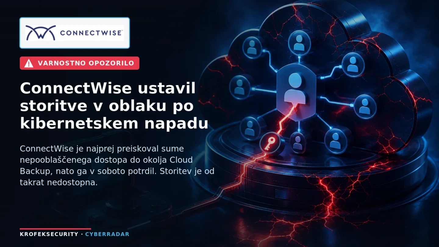 Simbolična ilustracija oblačne storitve z opozorilnim znakom, ki ponazarja ustavitev storitve ConnectWise po kibernetskem napadu