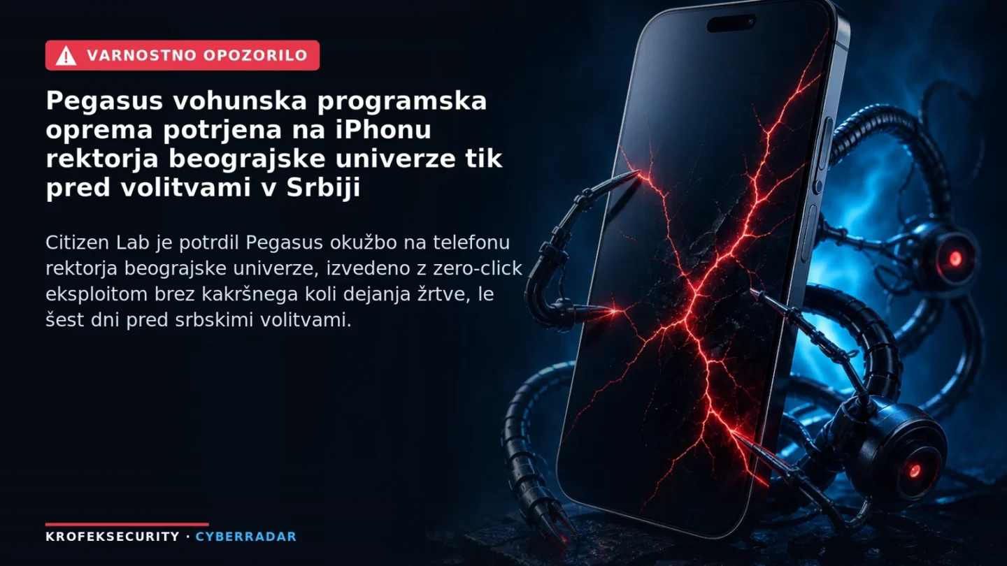 Ilustracija pametnega telefona z ikono nadzora, ki simbolizira okužbo z vohunsko programsko opremo Pegasus